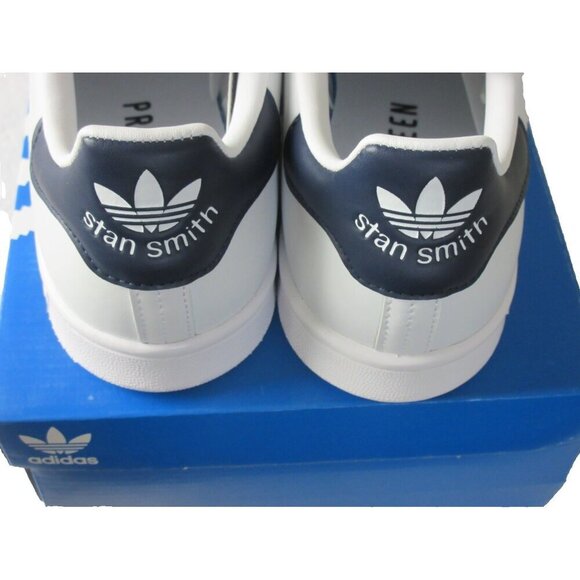 Adidas Women's Stan Smith Leather Court Sneakers White Navy Blue Sizes NIB - Picture 2 of 5